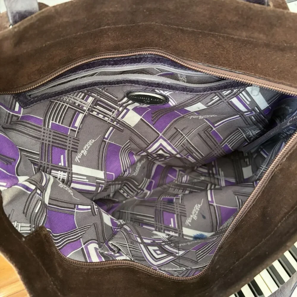Francesco Biasia Brown/Purple Suede Leather Tote Shoulder Bag Large Y2K Boho